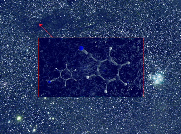 The aromatic molecule benzonitrile was detected by NSF’s Green Bank Telescope in the Taurus Molecular Cloud 1. Image credit: B. McGuire & B. Saxton / NRAO / AUI / NSF.