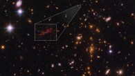 Salmon et al were able to detect a hint of light from SPT0615-JD because it was magnified as it passed around the massive galaxy cluster SPT-CL J0615-5746 as it traveled towards Earth. Image credit: NASA / ESA / B. Salmon, STScI.