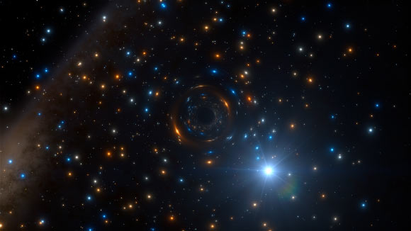 Artist’s impression of the black hole-star system in NGC 3201, a globular cluster located approximately 16,300 light-years away towards the southern constellation Vela. Image credit: ESO / L. Calçada / Spaceengine.org.