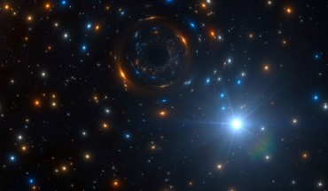Artist’s impression of the black hole-star system in NGC 3201, a globular cluster located approximately 16,300 light-years away towards the southern constellation Vela. Image credit: ESO / L. Calçada / Spaceengine.org.