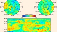 Top: stereographic polar projections of Titan’s topography with the South Pole left and the North Pole right; Ontario Lacus and the each of the large northern seas are found in local depressions. Bottom: equicylindrical projection of Titan’s topography. All maps have been corrected for the geoid. Image credit: Corlies et al, doi: 10.1002/2017GL075518.