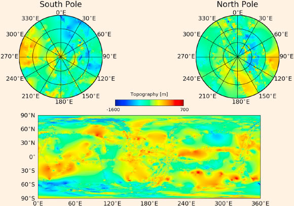 Top: stereographic polar projections of Titan’s topography with the South Pole left and the North Pole right; Ontario Lacus and the each of the large northern seas are found in local depressions. Bottom: equicylindrical projection of Titan’s topography. All maps have been corrected for the geoid. Image credit: Corlies et al, doi: 10.1002/2017GL075518.