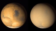 Two 2001 images from the Mars Orbiter Camera on NASA’s Mars Global Surveyor show a dramatic change in the planet’s appearance when haze raised by dust-storm activity in the south became globally distributed. The images were taken about a month apart. Image credit: NASA / JPL-Caltech / MSSS.
