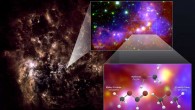 ALMA detected methanol, dimethyl ether, and methyl formate in the Large Magellanic Cloud. The far-infrared image on the left shows the full galaxy. The zoom-in image shows the star-forming region observed by ALMA. It is a combination of mid-infrared data from Spitzer and visible (H-alpha) data from the Blanco 4-m telescope. Image credit: NRAO / AUI / NSF / ALMA / ESO / NAOJ / Herschel / ESA / NASA / JPL-Caltech / NOAO.