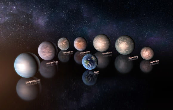 This artist’s impression compares TRAPPIST-1 planets to the Earth at the same scale. Image credit: M. Kornmesser / ESO.