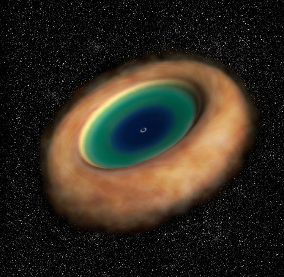 Artist’s impression of the dusty gaseous torus around an active supermassive black hole. Image credit: ALMA / ESO / NAOJ / NRAO.