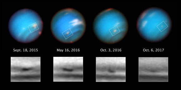 This series of Hubble images taken over two years tracks the demise of a giant dark vortex on Neptune. The oval-shaped spot has shrunk from 3,100 miles (4,990 km) across its long axis to 2,300 miles (3,701 km) across, over the Hubble observation period. Image credit: NASA / ESA / M.H. Wong & A.I. Hsu, University of California, Berkeley.