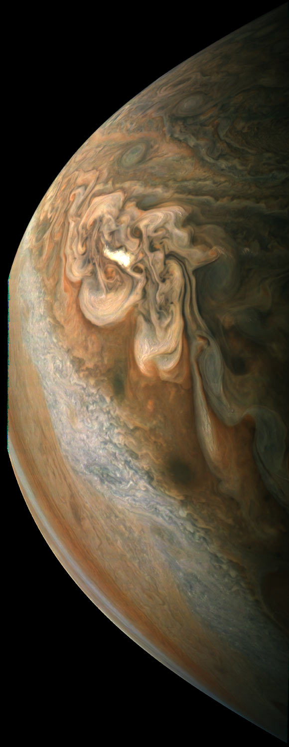 This JunoCam image shows Jupiter’s north north temperate belt. Image credit: NASA / JPL / SwRI / MSSS / Gerald Eichstaedt.