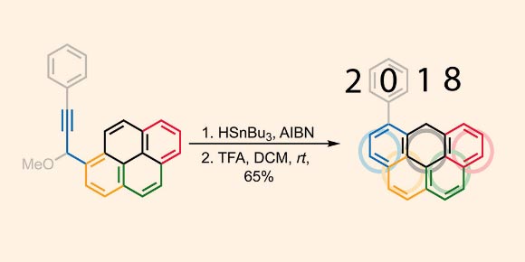In the new technique, an additional hexagonal ring of carbon atoms is fused to the zigzag edge of an existing carbon-rich molecule in two quick steps. Image credit: Igor Alabugin.