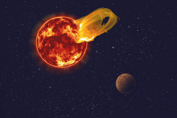 An artist’s impression of a flare from Proxima Centauri, modeled after the loops of glowing hot gas seen in the largest solar flares. An artist’s impression of the exoplanet Proxima b is shown in the foreground. Proxima b orbits its star 20 times closer than the Earth orbits the Sun. A flare 10 times larger than a major solar flare would blast Proxima b with 4,000 times more radiation than the Earth gets from our Sun’s flares. Image credit: Roberto Molar Candanosa, Carnegie Institution for Science / NASA / SDO / JPL.