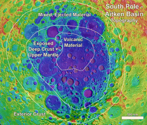 Dr. Moriarty and Professor Pieters identified four distinct compositional regions within and around the South Pole-Aitken basin on the Moon. Image credit: NASA’s Goddard Space Flight Center.