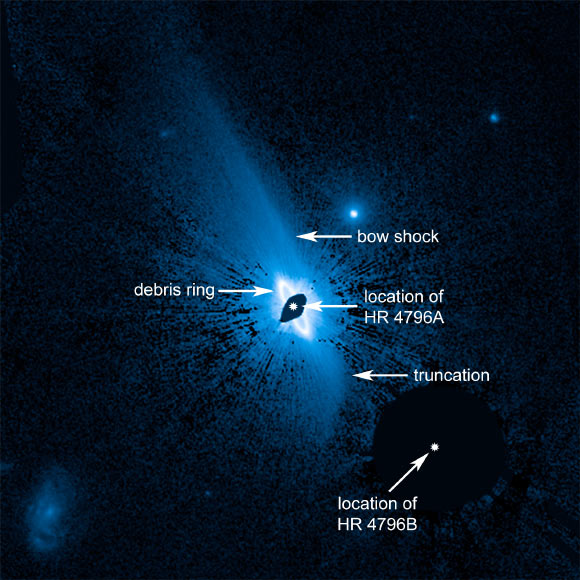 The vast, complex dust structure, about 150 billion miles across, envelopes the young star HR 4796A. Image credit: NASA / ESA / G. Schneider, Universe of Arizona.