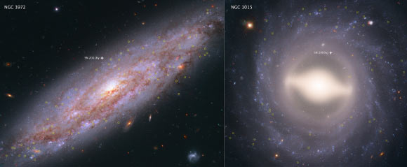 These Hubble images showcase two of the 19 galaxies analyzed in a project to improve the precision of the Hubble constant. The color-composite images show NGC 3972 (left) and NGC 1015 (right), located 59 million light-years and 117.42 million light-years, respectively, from Earth. The yellow circles in each galaxy represent the locations of pulsating stars called Cepheid variables. Image credit: NASA / ESA / A. Riess, STScI & JHU.