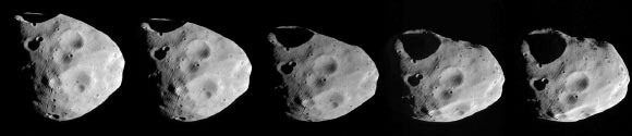 These five images of Phobos were acquired using five different channels of High Resolution Stereo Camera during Mars Express orbit 17,342 on September 12, 2017: the nadir channel (centre image), the two photometry channels (left and right of the centre image) and the stereo channels (on the far left and right). A different area of the moon’s surface can be seen in each image from various viewing angles, allowing models of the surface and shape to be improved. Image credit: ESA / DLR / FU Berlin / CC BY-SA 3.0 IGO.