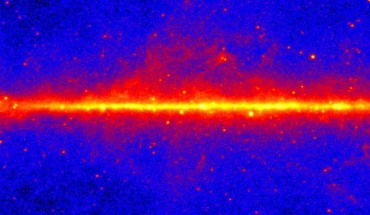 This view shows the entire sky at energies greater than 1 GeV based on five years of data from the LAT instrument on NASA’s Fermi Gamma-ray Space Telescope; the most prominent feature is the bright band of diffuse glow along the map’s center, which marks the central plane of our Milky Way Galaxy. Image credit: NASA / DOE / Fermi LAT Collaboration.