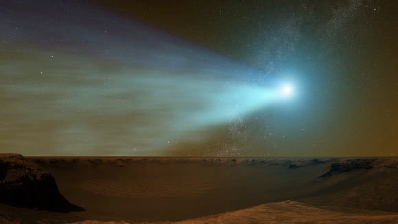 On October 19, 2014, Comet Siding Spring made a remarkably close encounter with Mars, buzzing the planet at just one third of the Earth-Moon distance. Image credit: NASA’s Goddard Space Flight Center.
