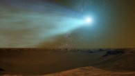 On October 19, 2014, Comet Siding Spring made a remarkably close encounter with Mars, buzzing the planet at just one third of the Earth-Moon distance. Image credit: NASA’s Goddard Space Flight Center.