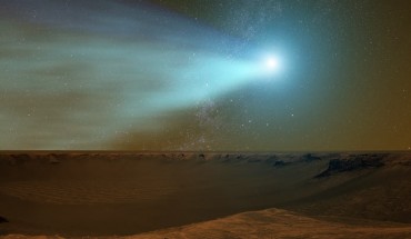 On October 19, 2014, Comet Siding Spring made a remarkably close encounter with Mars, buzzing the planet at just one third of the Earth-Moon distance. Image credit: NASA’s Goddard Space Flight Center.