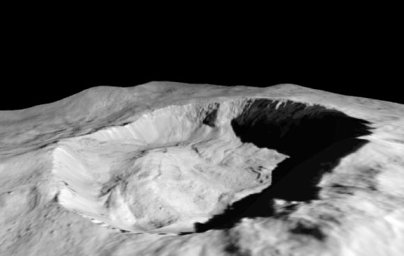 This view from NASA’s Dawn orbiter shows where water ice has been detected in the northern wall of Ceres’ Juling Crater. Dawn acquired the picture with its framing camera on August 30, 2016. Image credit: NASA / JPL-Caltech / UCLA / MPS / DLR / IDA / ASI / INAF.