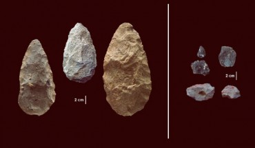 The first evidence of human life in the Olorgesailie Basin comes from about 1.2 million years ago. For hundreds of the thousands of years, people living there made and used large stone-cutting tools called handaxes (left). According to three new studies, early humans in East Africa had -- by about 320,000 years ago -- begun using color pigments and manufacturing more sophisticated tools (right) than those of the Early Stone Age handaxes, tens of thousands of years earlier than previous evidence has shown in eastern Africa. The sophisticated tools (right) were carefully crafted and more specialized than the large, all-purpose handaxes (left). Many were points designed to be attached to a shaft and potentially used as projectile weapons, while others were shaped as scrapers or awls. Image credit: Human Origins Program, Smithsonian.
