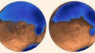 The early ocean known as Arabia (left, blue) would have looked like this when it formed 4 billion years ago on Mars, while the Deuteronilus ocean, about 3.6 billion years old, had a smaller shoreline; both coexisted with the massive volcanic province Tharsis, located on the unseen side of the planet, which may have helped support the existence of liquid water; the water is now gone, perhaps frozen underground and partially lost to space, while the ancient seabed is known as the northern plains. Image credit: Robert Citron, University of California, Berkeley.