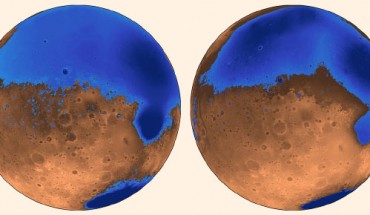 The early ocean known as Arabia (left, blue) would have looked like this when it formed 4 billion years ago on Mars, while the Deuteronilus ocean, about 3.6 billion years old, had a smaller shoreline; both coexisted with the massive volcanic province Tharsis, located on the unseen side of the planet, which may have helped support the existence of liquid water; the water is now gone, perhaps frozen underground and partially lost to space, while the ancient seabed is known as the northern plains. Image credit: Robert Citron, University of California, Berkeley.