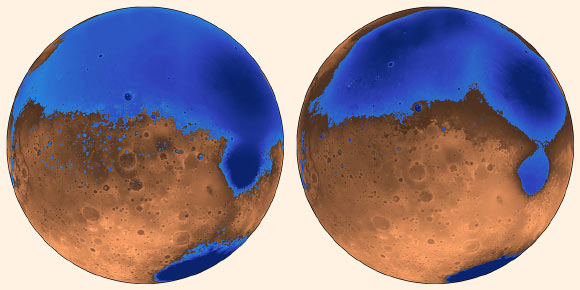 The early ocean known as Arabia (left, blue) would have looked like this when it formed 4 billion years ago on Mars, while the Deuteronilus ocean, about 3.6 billion years old, had a smaller shoreline; both coexisted with the massive volcanic province Tharsis, located on the unseen side of the planet, which may have helped support the existence of liquid water; the water is now gone, perhaps frozen underground and partially lost to space, while the ancient seabed is known as the northern plains. Image credit: Robert Citron, University of California, Berkeley.