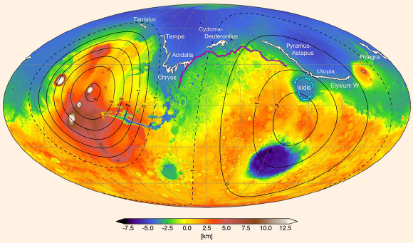 A map of Mars today shows where scientists have identified possible ancient shoreline that may have been etched by intermittent oceans billions of years ago; the irregular elevations of these shorelines can be explained by the growth of the volcanic province called Tharsis some 3.7 billion years ago, which would have deformed the topography and misaligned the shorelines; Arabia (magenta) is more than 4 million years old, while the Deuteronilus (white) and Isidis (cyan) shoreline are several million years younger; the solid contour lines represent the Tharsis bulge (left) and the antipodal bulge it created (right), with dashed contour lines indicating the depressions in between. Image credit: Robert Citron, University of California, Berkeley.