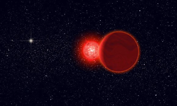 Artist’s conception of Scholz’s star -- the red dwarf primary and its brown dwarf companion (foreground) -- during its flyby of the Solar System 70,000 years ago; the Sun (left, background) would have appeared as a brilliant star. Image credit: Michael Osadciw / University of Rochester.