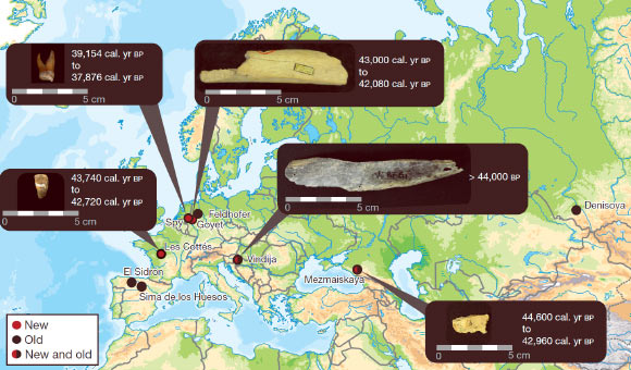 Location and age of the five late Neanderthal specimens analyzed in this study (new), and other sites for which genome-wide data of Neanderthal samples have previously been published (old). Image credit: Hajdinjak et al, doi: 10.1038/nature26151.