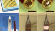 Millimeter-scale transient-electroluminescent device. Top row, from left to right: schematic of a millimeter-scale device, showing the grid source electrode structure to increase active emission area; photographs of a packaged, 3 mm x 2 mm, device in the off and on state. Bottom row: photograph of a millimeter-scale transparent device; photograph of a large area (3 mm x 2 mm) transparent device in the off and on state. Image credit: Lien et al, doi: 10.1038/s41467-018-03218-8.