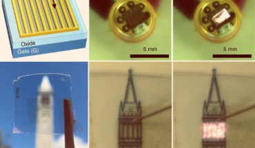 Millimeter-scale transient-electroluminescent device. Top row, from left to right: schematic of a millimeter-scale device, showing the grid source electrode structure to increase active emission area; photographs of a packaged, 3 mm x 2 mm, device in the off and on state. Bottom row: photograph of a millimeter-scale transparent device; photograph of a large area (3 mm x 2 mm) transparent device in the off and on state. Image credit: Lien et al, doi: 10.1038/s41467-018-03218-8.