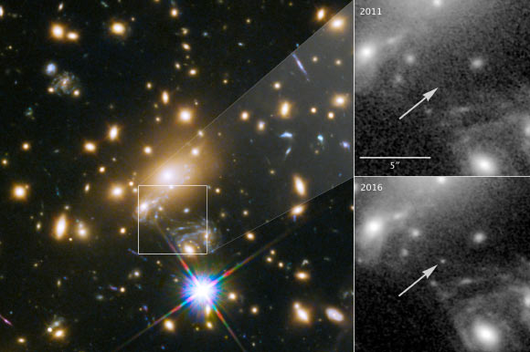 This image composite shows the discovery of the Icarus star using the NASA/ESA Hubble Space Telescope. The image to the left shows a part of the deep-field observation of the galaxy cluster MACS J1149.5+2223 from the Frontier Fields program gathered in 2014. The square indicates the position where the star appeared in May 2016 -- its image magnified by gravitational microlensing. This part of the image also shows the four images of the Refsdal supernova, arranged in an Einstein cross. The upper right image pinpoints the position of the star, observed in 2011. The lower right image shows where the star was undergoing the microlensing event in late May 2016. Image credit: NASA / ESA / P. Kelly, University of California, Berkeley.