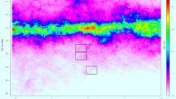 The infrared map constructed from the VVV survey of the inner Milky Way showing the three areas studied. Image credit: ESO / M. Rejkuba / F. Surot Madrid / E. Valenti.