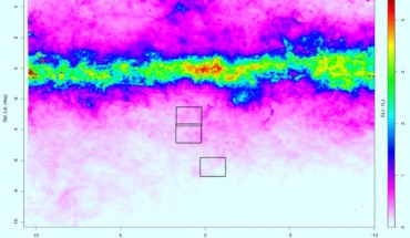 The infrared map constructed from the VVV survey of the inner Milky Way showing the three areas studied. Image credit: ESO / M. Rejkuba / F. Surot Madrid / E. Valenti.