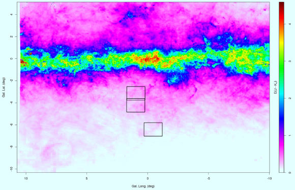 The infrared map constructed from the VVV survey of the inner Milky Way showing the three areas studied. Image credit: ESO / M. Rejkuba / F. Surot Madrid / E. Valenti.