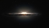 This artist’s impression shows how the Milky Way Galaxy would look seen from almost edge on and from a very different perspective than we get from the Earth. The central bulge shows up as a peanut-shaped glowing ball of stars and the spiral arms and their associated dust clouds form a narrow band. Image credit: ESO / NASA / JPL-Caltech / M. Kornmesser / R. Hurt.