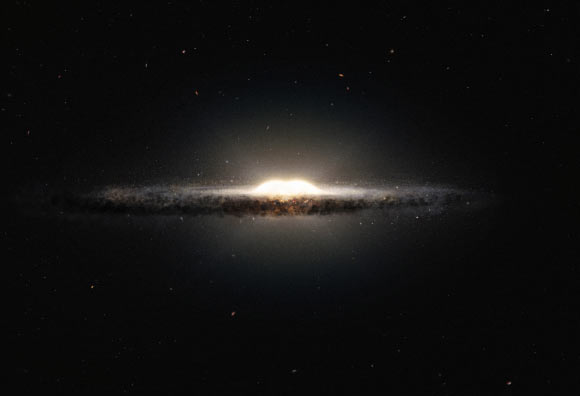 This artist’s impression shows how the Milky Way Galaxy would look seen from almost edge on and from a very different perspective than we get from the Earth. The central bulge shows up as a peanut-shaped glowing ball of stars and the spiral arms and their associated dust clouds form a narrow band. Image credit: ESO / NASA / JPL-Caltech / M. Kornmesser / R. Hurt.