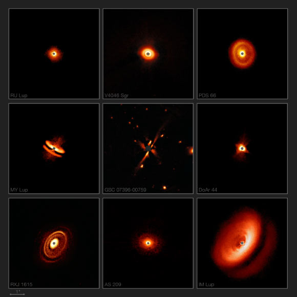 New SPHERE images are revealing the dusty disks surrounding nearby young stars in greater detail than previously achieved; they show a bizarre variety of shapes, sizes and structures, including the likely effects of planets still in the process of forming. Image credit: ESO / H. Avenhaus et al / E. Sissa et al / DARTT-S & SHINE collaborations.