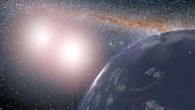 This artist’s concept shows a hypothetical exoplanet around the binary star system of Kepler-35A and B. Image credit: NASA / JPL-Caltech.