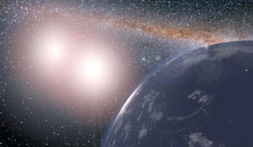 This artist’s concept shows a hypothetical exoplanet around the binary star system of Kepler-35A and B. Image credit: NASA / JPL-Caltech.