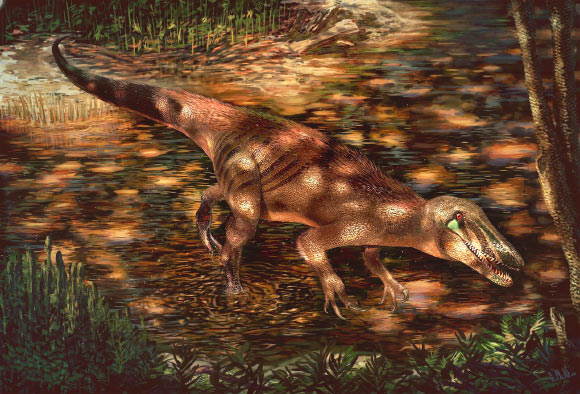 Tratayenia rosalesi crosses a stream in what is now Patagonia, Argentina roughly 85 million years ago. Image credit: Andrew McAfee, Carnegie Museum of Natural History.
