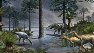 A life-scene from 232 million years ago, during the Carnian Pluvial Episode after which dinosaurs took over: a large rauisuchian lurks in the background, while two species of dinosaurs stand in the foreground, and some rhynchosaurs sit on the logs to the left; based on data from the Ischigualasto Formation in Argentina. Image credit: Davide Bonadonna.