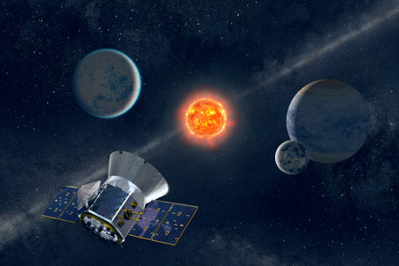 Illustration of NASA’s TESS spacecraft observing an M-dwarf star with orbiting planets. Image credit: NASA’s Goddard Space Flight Center.
