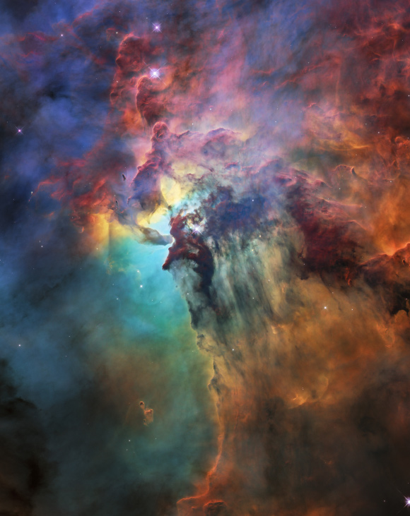 The Lagoon Nebula is a giant cloud of interstellar gas and dust located in the constellation Sagittarius, around 4,000 light-years away. This Hubble image shows only a small part of this turbulent star-formation region, about 4 light-years across. The observations were taken by Hubble’s Wide Field Camera 3 (WFC3) instrument between February 12 and 18, 2018. Image credit: NASA / ESA / STScI.