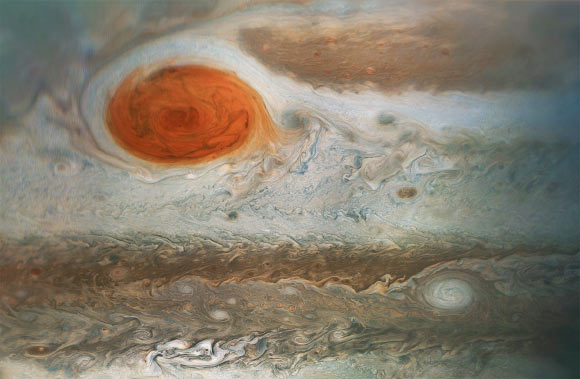 This image of Jupiter’s Great Red Spot and surrounding turbulent zones was captured by NASA’s Juno spacecraft. The color-enhanced image is a combination of three separate images taken on April 1 between 6:09 a.m. EDT (3:09 a.m. PDT) and 6:24 a.m. EDT (3:24 a.m. PDT). At the time the images were taken, the spacecraft was 15,379 miles (24,749 km) to 30,633 miles (49,299 km) from the tops of the clouds of the planet at a southern latitude spanning 43.2 to 62.1 degrees. Image credit: NASA / JPL-Caltech / SwRI / MSSS / Gerald Eichstaedt / Sean Doran.