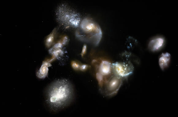 This artist’s impression of SPT2349-56 shows a group of interacting and merging galaxies in the early Universe. Image credit: M. Kornmesser / ESO.