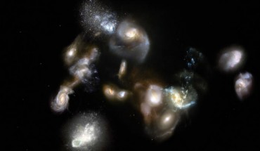 This artist’s impression of SPT2349-56 shows a group of interacting and merging galaxies in the early Universe. Image credit: M. Kornmesser / ESO.