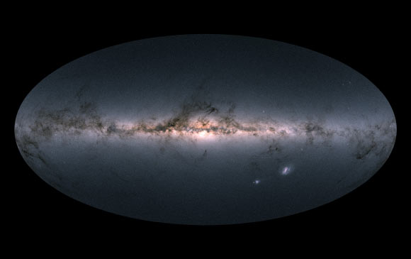 Gaia’s all-sky view of our Milky Way Galaxy and neighboring galaxies, based on measurements of nearly 1.7 billion stars. Brighter regions indicate denser concentrations of especially bright stars, while darker regions correspond to patches of the sky where fewer bright stars are observed. The color representation is obtained by combining the total amount of light with the amount of blue and red light recorded by Gaia in each patch of the sky. The bright horizontal structure that dominates the image is the Galactic plane, the flattened disc that hosts most of the stars in our home Galaxy. In the middle of the image, the Galactic center appears vivid and teeming with stars. Darker regions across the Galactic plane correspond to foreground clouds of interstellar gas and dust, which absorb the light of stars located further away, behind the clouds. Many of these conceal stellar nurseries where new generations of stars are being born. Sprinkled across the image are also many globular and open clusters -- groupings of stars held together by their mutual gravity, as well as entire galaxies beyond our own. The two bright objects in the lower right of the image are the Large and Small Magellanic Clouds, two dwarf galaxies orbiting the Milky Way. In small areas of the image where no color information was available -- to the lower left of the Galactic center, to the upper left of the Small Magellanic Cloud, and in the top portion of the map -- an equivalent grayscale value was assigned. Image credit: ESA / Gaia / DPAC.