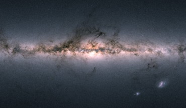 Gaia’s all-sky view of our Milky Way Galaxy and neighboring galaxies, based on measurements of nearly 1.7 billion stars. Brighter regions indicate denser concentrations of especially bright stars, while darker regions correspond to patches of the sky where fewer bright stars are observed. The color representation is obtained by combining the total amount of light with the amount of blue and red light recorded by Gaia in each patch of the sky. The bright horizontal structure that dominates the image is the Galactic plane, the flattened disc that hosts most of the stars in our home Galaxy. In the middle of the image, the Galactic center appears vivid and teeming with stars. Darker regions across the Galactic plane correspond to foreground clouds of interstellar gas and dust, which absorb the light of stars located further away, behind the clouds. Many of these conceal stellar nurseries where new generations of stars are being born. Sprinkled across the image are also many globular and open clusters -- groupings of stars held together by their mutual gravity, as well as entire galaxies beyond our own. The two bright objects in the lower right of the image are the Large and Small Magellanic Clouds, two dwarf galaxies orbiting the Milky Way. In small areas of the image where no color information was available -- to the lower left of the Galactic center, to the upper left of the Small Magellanic Cloud, and in the top portion of the map -- an equivalent grayscale value was assigned. Image credit: ESA / Gaia / DPAC.